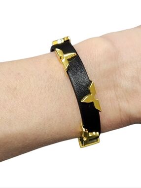 NEW Black Vegan Leather Adjustable Buckle Bracelet with Gold Accents